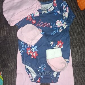 Baby Floral 'Love' Navy & Pink Bodysuit Set
